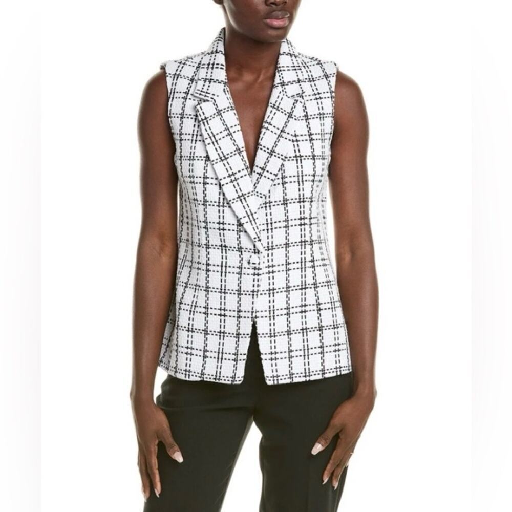 Nanette Lepore Black & White Woven Tweed Plaid One Button Blazer Vest Size M